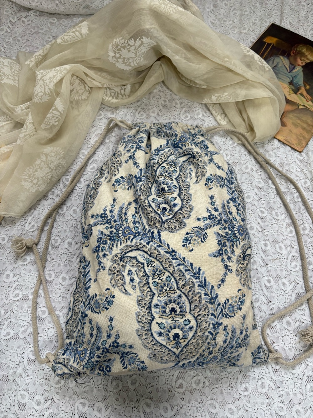Drawstring Backpack Bag in Cream and Blue - Women's Bag